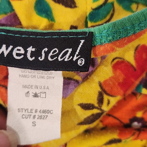 Vintage Wet Seal Yellow Green Floral Empire Waist Mini Dress Size Small Y2K 90s - Picture 4 of 8